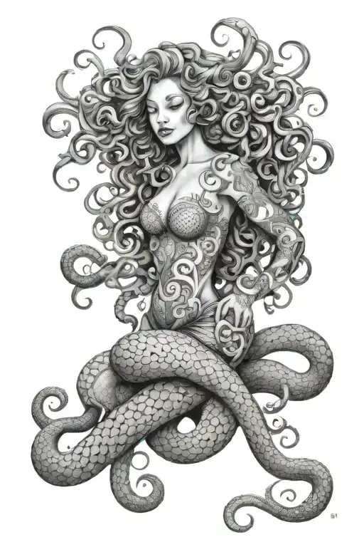mermaid with curly hair and tattoos riding an octopus   tattoo design idea