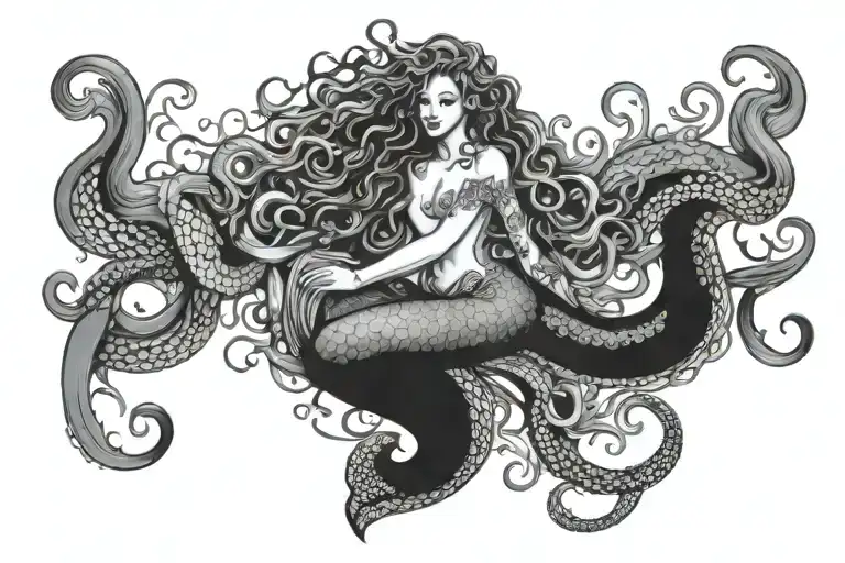 mermaid with curly hair and tattoos riding an octopus   tattoo design idea