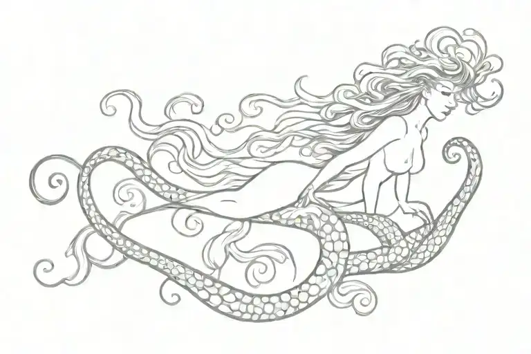 mermaid with curly hair and tattoos riding an octopus   tattoo design idea