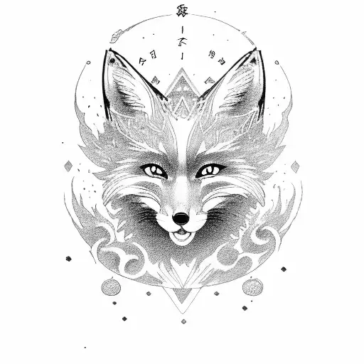 Japanese fox spirit surrounded by mystical protective symbols tattoo design idea