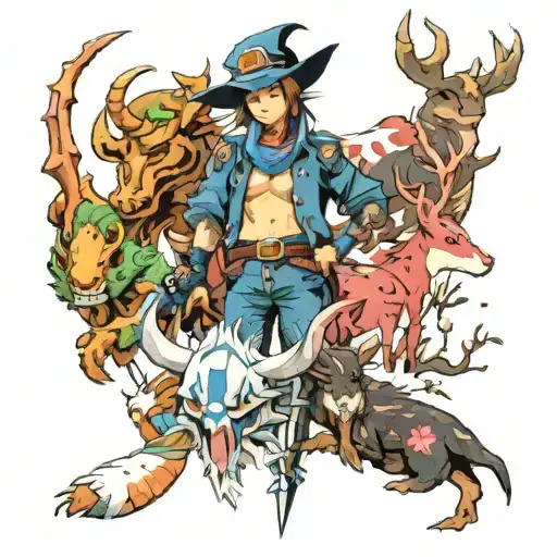 Final Fantasy Vivi, Eiko, Zell, katana, cherry tree, dragon, deer, snow, anime, Bleach, Digimon, X-men tattoo design idea