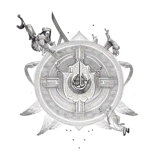 martyrdom of Imam Ali with angels above him and imam ali kneeling on the ground with his bloody sword tattoo design idea