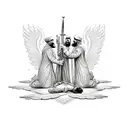 martyrdom of Imam Ali with angels above him and imam ali kneeling on the ground with his bloody sword tattoo design idea