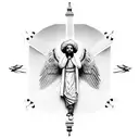 martyrdom of Imam Ali with angels above him and imam ali kneeling on the ground with his bloody sword tattoo design idea