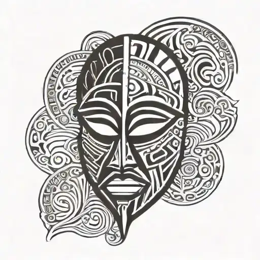 wooden african mask half smiling half frowning   tattoo design idea