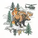 pine trees,fire, bear, moose, helicopter, bear surrounded tattoo design idea