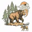 pine trees,fire, bear, moose, helicopter, bear surrounded tattoo design idea
