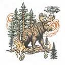 pine trees,fire, bear, moose, helicopter, bear surrounded tattoo design idea