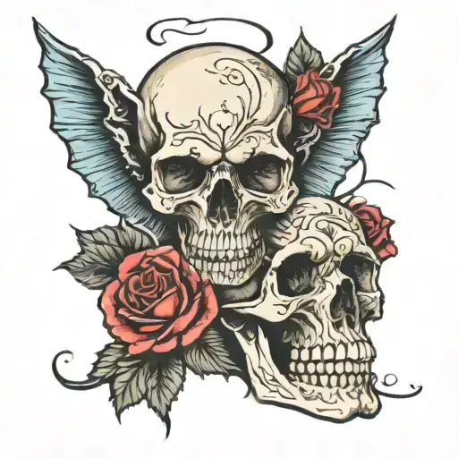 a skull split in half and a rose coming out tattoo design idea