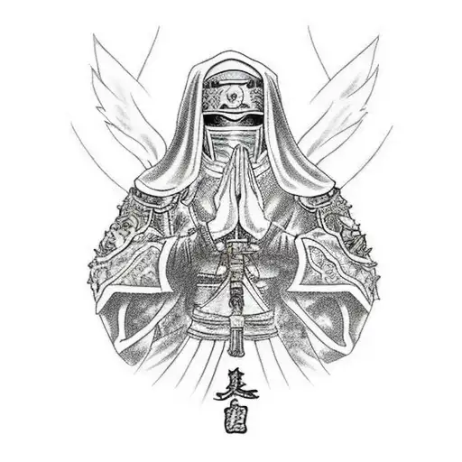 sister of battle praying on her knees tattoo design idea