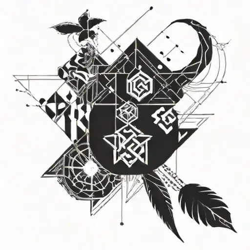 An abstract geometric tattoo incorporating the symbols of Leo, Sagittarius, and Gemini in a unique way on the triceps tattoo design idea