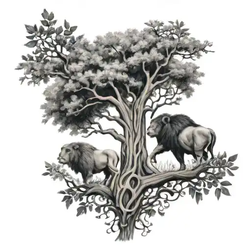 A family tree tattoo with branches representing the zodiac signs Leo, Sagittarius, and Gemini on the triceps tattoo design idea