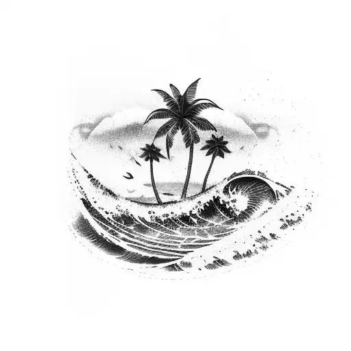 three palm trees with wave underneath  tattoo design idea