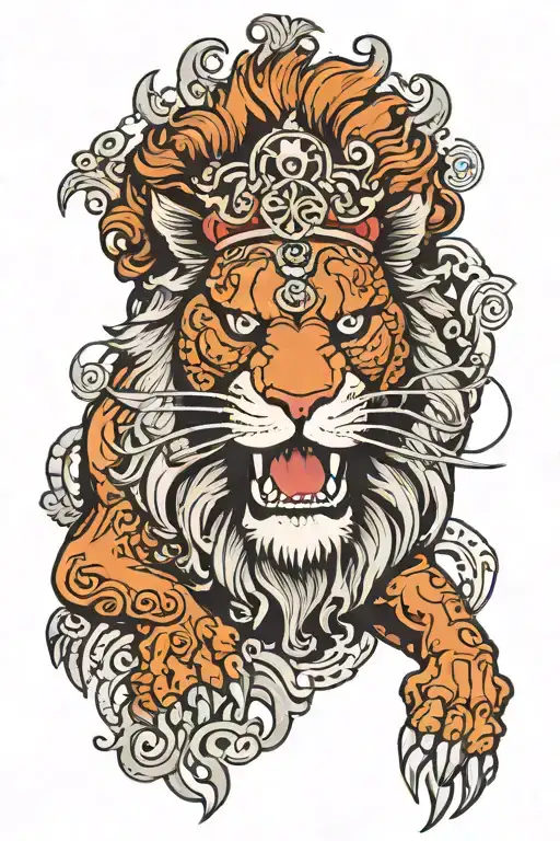 Lion with hourglass, demonic cross on left eye  tattoo design idea