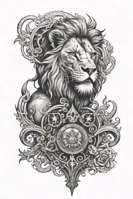Lion with hourglass, demonic cross on left eye  tattoo design idea