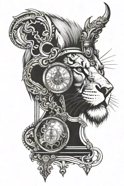 Lion with hourglass, demonic cross on left eye  tattoo design idea