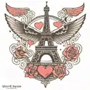 eiffel tower with hearts and plane flying tattoo design idea