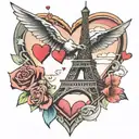 eiffel tower with hearts and plane flying tattoo design idea