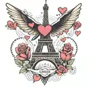 eiffel tower with hearts and plane flying tattoo design idea
