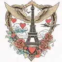 eiffel tower with hearts and plane flying tattoo design idea