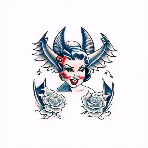 American traditional pinup with big hair and bat wings tattoo design idea