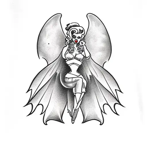 American traditional pinup with big hair and bat wings tattoo design idea