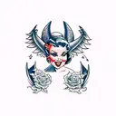 American traditional pinup with big hair and bat wings tattoo design idea