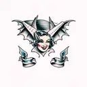 American traditional pinup with big hair and bat wings tattoo design idea