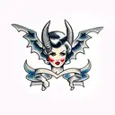 American traditional pinup with big hair and bat wings tattoo design idea