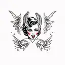 American traditional pinup with big hair and bat wings tattoo design idea