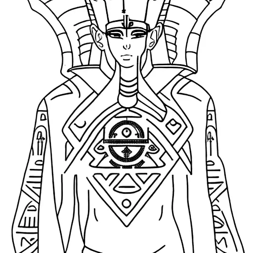 A minimalist tattoo of an anime-style pharaoh surrounded by African Adrinka symbols, inspired by the Memphis design style. tattoo design idea