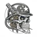 flash skull wearing a us army helmet connecting two wires together  tattoo design idea