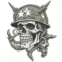 flash skull wearing a us army helmet connecting two wires together  tattoo design idea