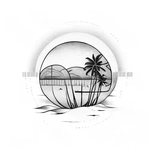 A serene beach sunset with palm trees and a basketball hoop tattoo design idea