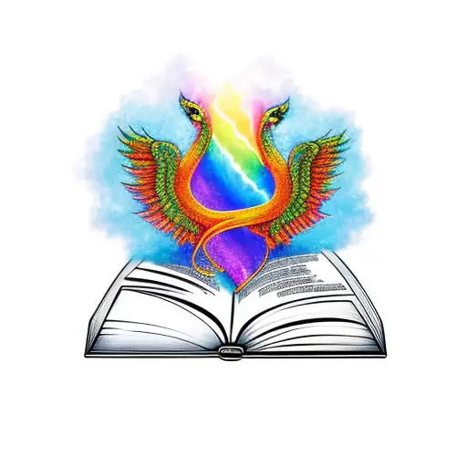 books, rainbow, phoenix, reading tattoo design idea