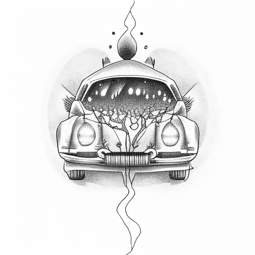 car with headlights on on a cliffside at night tattoo design idea