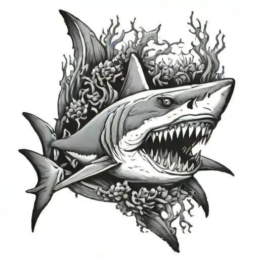 shark jaws with coral reef tattoo design idea
