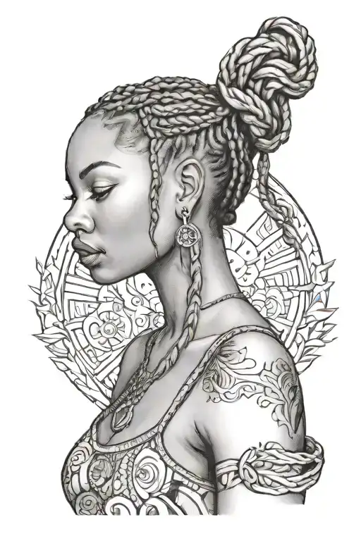 ebony woman with braids wearing sun dress standing tattoo design idea