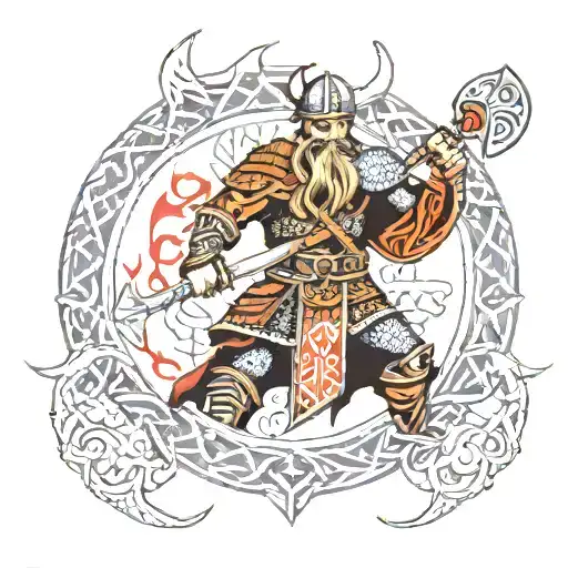 A Viking warrior with intricate Scandinavian runes as part of his armor tattoo design idea