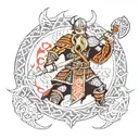 A Viking warrior with intricate Scandinavian runes as part of his armor tattoo design idea