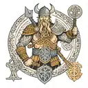 A Viking warrior with intricate Scandinavian runes as part of his armor tattoo design idea