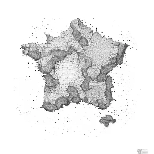 A world map made up of intricate dotwork, with mountains and beaches highlighted in different shades tattoo design idea
