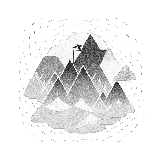 A silhouette of a traveler standing on top of a mountain, looking at a sunset over the ocean tattoo design idea