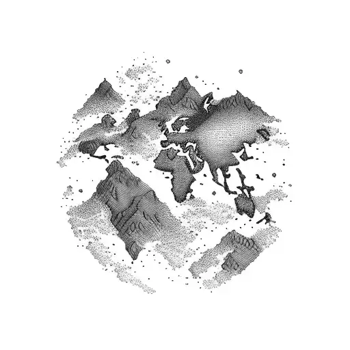 A world map made up of intricate dotwork, with mountains and beaches highlighted in different shades tattoo design idea