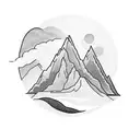 A silhouette of a traveler standing on top of a mountain, looking at a sunset over the ocean tattoo design idea