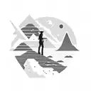 A silhouette of a traveler standing on top of a mountain, looking at a sunset over the ocean tattoo design idea