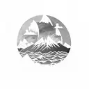 A silhouette of a traveler standing on top of a mountain, looking at a sunset over the ocean tattoo design idea