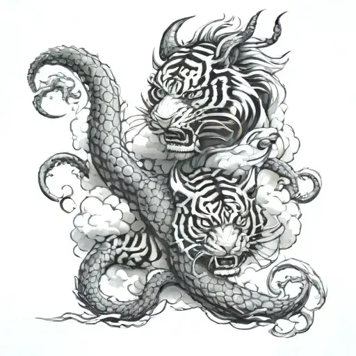 dragon coiling arm with clouds, tiger emerging and oni mask emerging tattoo design idea