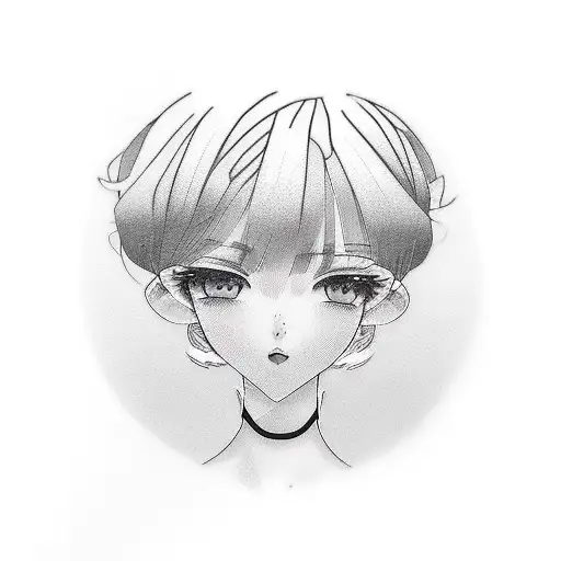 a cute girl with a square hairstyle and a choker  tattoo design idea