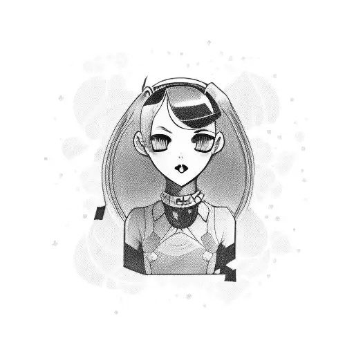 a cute girl with a square hairstyle and a choker and a milk carton in her hands tattoo design idea